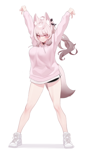 Anime-Bild 2370x4238 mit original narynn single long hair tall image looking at viewer blush highres breasts simple background standing white background animal ears full body ahoge tail long sleeves animal tail pink eyes light smile