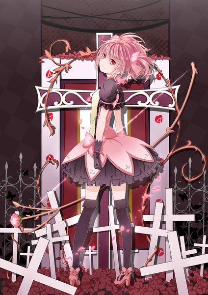 Anime picture 1240x1753 with mahou shoujo madoka magica shaft (studio) kaname madoka kriemhild gretchen blacklolicon (artist) single tall image short hair red eyes pink hair looking back girl thighhighs dress gloves black thighhighs cross bow (weapon)