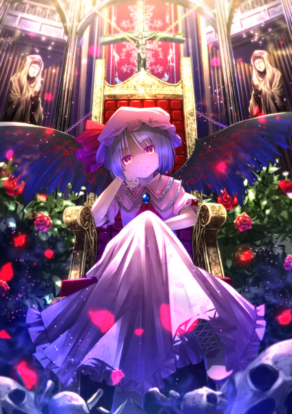 Anime picture 707x1000 with touhou remilia scarlet ryosios single tall image looking at viewer short hair smile red eyes silver hair head rest girl dress flower (flowers) petals wings rose (roses) cross bonnet skull