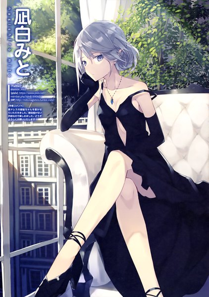 Anime picture 2885x4100 with original nagishiro mito single tall image looking at viewer fringe highres short hair breasts blue eyes hair between eyes sitting bare shoulders signed sky silver hair cloud (clouds) indoors pointy ears sunlight