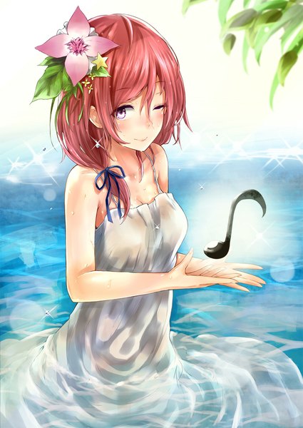 Anime picture 772x1091 with love live! school idol project sunrise (studio) love live! nishikino maki napo (artist) single long hair tall image blush fringe smile purple eyes bare shoulders pink hair one eye closed hair flower sunlight sparkle wet wet clothes