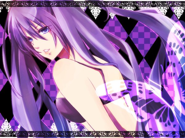Anime picture 1333x1000 with vocaloid hatsune miku single long hair open mouth light erotic purple eyes twintails bare shoulders purple hair lips girl insect butterfly