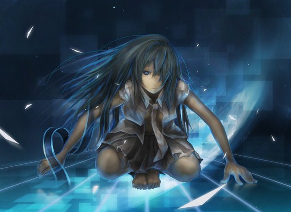 Anime picture 1920x1398 with vocaloid hatsune miku kentarou single long hair fringe highres simple background brown eyes barefoot green hair lips hair over one eye open clothes open shirt dark skin squat girl skirt necktie