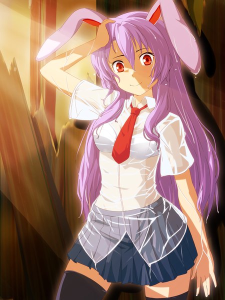 Anime picture 900x1200 with touhou reisen udongein inaba bug (artist) single long hair tall image smile red eyes animal ears purple hair bunny ears bunny girl girl thighhighs skirt black thighhighs shirt necktie