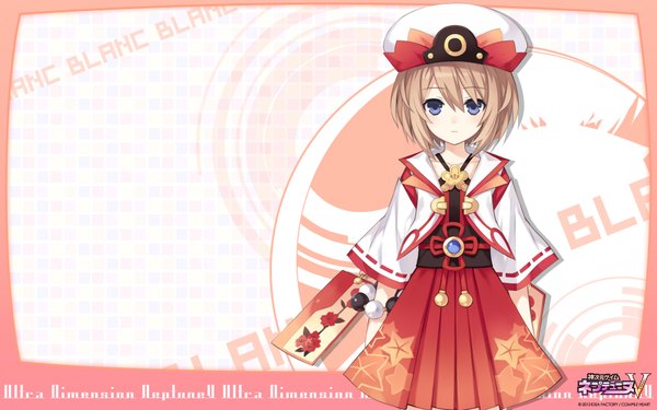 Anime picture 1920x1200 with kami jigen game neptune v blanc tsunako single looking at viewer highres short hair blue eyes blonde hair wide image japanese clothes inscription girl dress headdress
