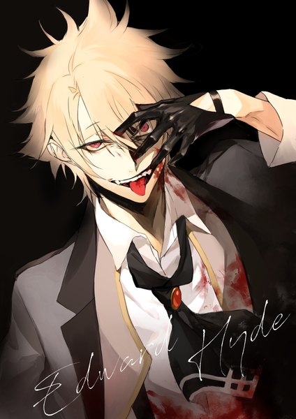Anime picture 2894x4093 with fate (series) fate/grand order jekyll and hyde (fate) seomouse single tall image looking at viewer fringe highres short hair open mouth blonde hair simple background hair between eyes red eyes character names black background blood on face bloody clothes boy