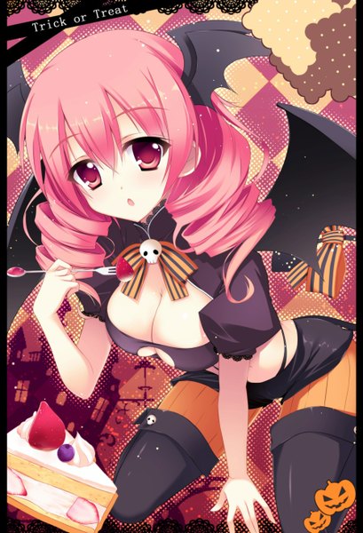 Anime picture 900x1320 with inu x boku ss david production roromiya karuta raiou single long hair tall image looking at viewer breasts open mouth light erotic red eyes large breasts pink hair drill hair halloween head wings girl wings sweets