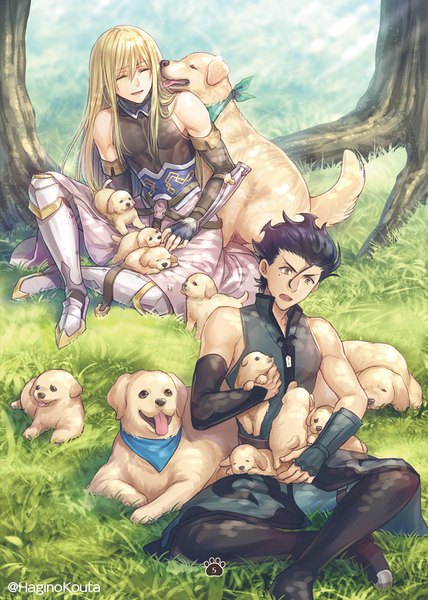 Anime picture 600x840 with fate (series) fate/grand order fionn mac cumhaill (fate/grand order) diarmuid ua duibhne (fate/grand order) hagino kouta long hair tall image fringe open mouth black hair blonde hair smile hair between eyes sitting bare shoulders signed yellow eyes payot full body bent knee (knees)