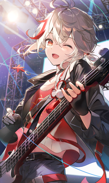 Anime picture 2400x4000 with genshin impact kaedehara kazuha kokonex single long hair tall image highres open mouth red eyes silver hair one eye closed multicolored hair open jacket streaked hair low ponytail ;d playing instrument boy gloves jacket