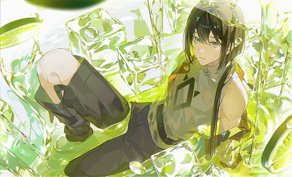 Anime picture 1655x1000 with original xiaojiaju single fringe short hair black hair hair between eyes wide image sitting green eyes arm support sleeveless partially submerged boy water fruit ice cube lime