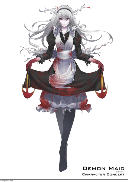 Anime-Bild 2000x2829 mit original triximity single long hair tall image looking at viewer fringe highres simple background smile hair between eyes red eyes white background full body grey hair maid no shoes puffy sleeves floating hair torn clothes