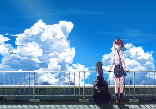 Anime picture 2000x1400 with original aiko (aiko 54) single highres short hair brown hair standing looking away sky cloud (clouds) full body outdoors profile twisty sleeves girl uniform school uniform socks shoes black socks