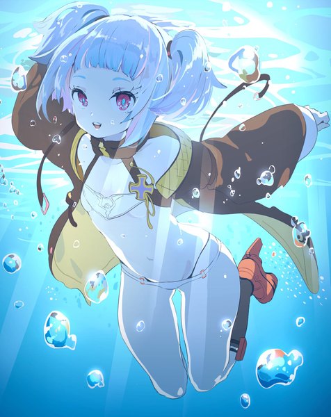Anime picture 1627x2048 with azur lane u-556 (azur lane) hina (bird salty) single tall image looking at viewer short hair open mouth light erotic smile red eyes twintails blue hair :d open jacket short twintails underwater iron cross girl navel