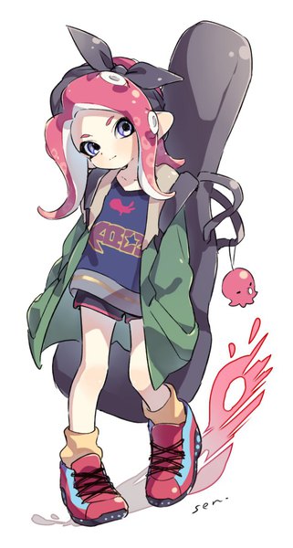Anime picture 640x1196 with splatoon splatoon 2 nintendo octoling sen squid single tall image short hair simple background white background purple eyes signed pink hair full body head tilt pointy ears open jacket hands in pockets tentacle hair girl