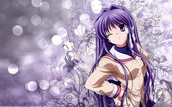 Anime picture 2560x1600 with clannad key (studio) fujibayashi kyou single long hair highres wide image purple eyes purple hair one eye closed wink hands on hips girl uniform school uniform
