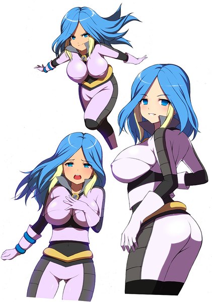 Anime picture 803x1144 with inazuma eleven urubida kyoku tou (artist) long hair tall image looking at viewer blush breasts open mouth blue eyes light erotic simple background smile large breasts white background blue hair ass multicolored hair two-tone hair streaked hair