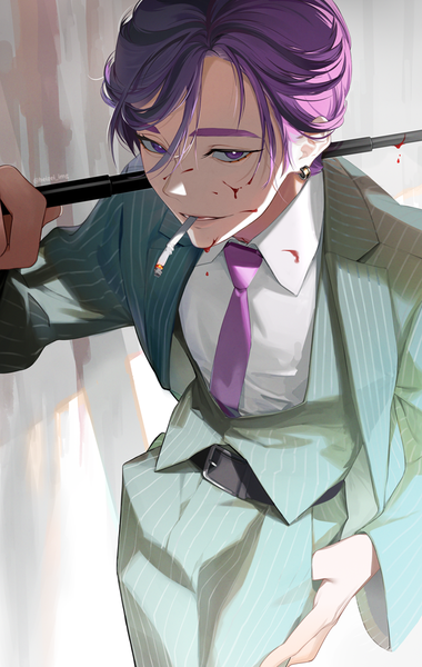 Anime picture 634x1000 with tokyo revengers haitani ran heizei img single tall image looking at viewer short hair purple eyes purple hair leaning leaning forward piercing ear piercing striped hand in pocket smoking blood on face bloody clothes bloody weapon weapon over shoulder