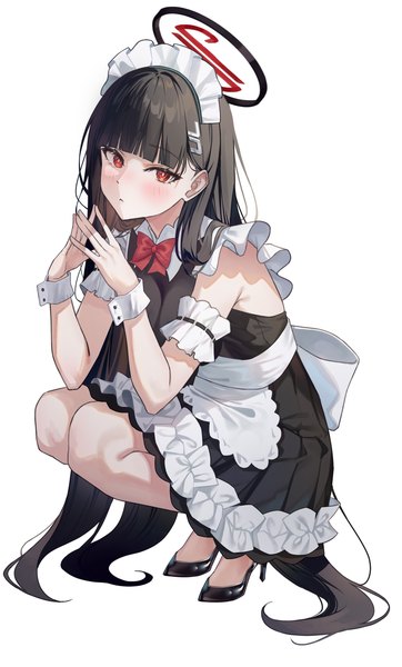 Anime picture 2000x3318 with blue archive rio (blue archive) herb (artist) single tall image looking at viewer blush fringe highres black hair simple background red eyes white background full body blunt bangs very long hair maid high heels alternate costume squat