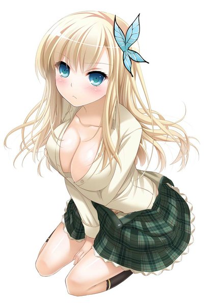 Anime picture 800x1127 with boku wa tomodachi ga sukunai kashiwazaki sena nakajima yuka long hair tall image looking at viewer blush breasts blue eyes light erotic blonde hair white background cleavage girl skirt hair ornament shirt socks black socks butterfly hair ornament