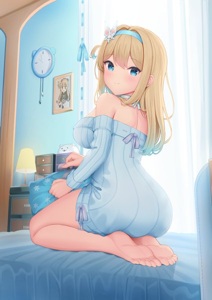 Anime picture 4961x7016 with girls frontline suomi kp31 (girls frontline) rfb (girls frontline) bachibachi (tisen) single long hair tall image looking at viewer blush fringe highres breasts blue eyes light erotic blonde hair large breasts sitting absurdres full body ass