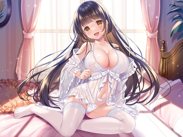 Anime picture 3200x2400 with original koyama sao single long hair looking at viewer blush fringe highres breasts open mouth light erotic black hair smile large breasts sitting yellow eyes absurdres full body head tilt :d