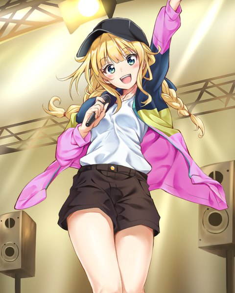 Anime picture 800x1000 with paripi koumei tsukimi eiko sayuuiede single long hair tall image looking at viewer blush fringe open mouth blue eyes blonde hair blunt bangs braid (braids) :d arm up open jacket from below twin braids girl