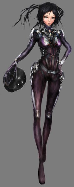 Anime picture 2044x5139 with original cabulb (artist) single tall image fringe highres short hair black hair simple background standing holding looking away grey background alternate costume hand on hip girl pilot suit