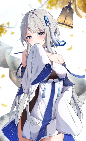 Anime picture 5100x8300 with genshin impact guizhong (genshin impact) yeni1871 single long hair tall image looking at viewer blush fringe highres breasts blue eyes standing bare shoulders absurdres long sleeves grey hair wide sleeves covered mouth hands in sleeves