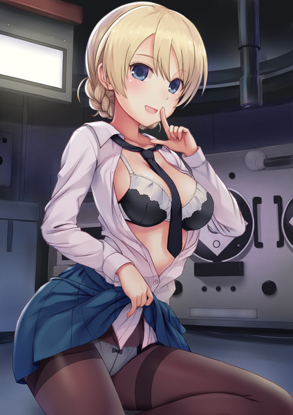 Anime picture 2894x4093 with girls und panzer darjeeling (girls und panzer) n.g. single tall image looking at viewer blush fringe highres short hair open mouth blue eyes light erotic blonde hair hair between eyes indoors open shirt finger to mouth skirt lift revision