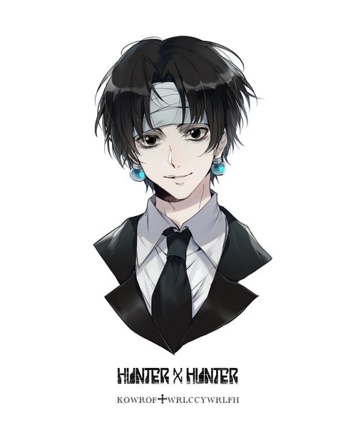 Anime picture 974x1181 with hunter x hunter chrollo lucilfer ekita xuan single tall image looking at viewer fringe short hair black hair simple background smile white background upper body black eyes copyright name character names portrait formal boy earrings