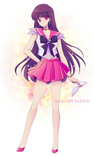 Anime picture 719x1188 with bishoujo senshi sailor moon toei animation hino rei sailor mars saki (hxaxcxk) long hair tall image fringe black hair simple background white background looking away pink eyes character names hand on hip girl earrings choker glasses bracelet