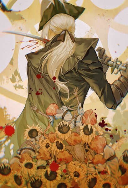 Anime picture 1396x2048 with bloodborne from software lady maria of the astral clocktower yujia0412 long hair tall image holding white hair from behind low ponytail blood stains girl gloves flower (flowers) ribbon (ribbons) weapon hair ribbon hat sword blood