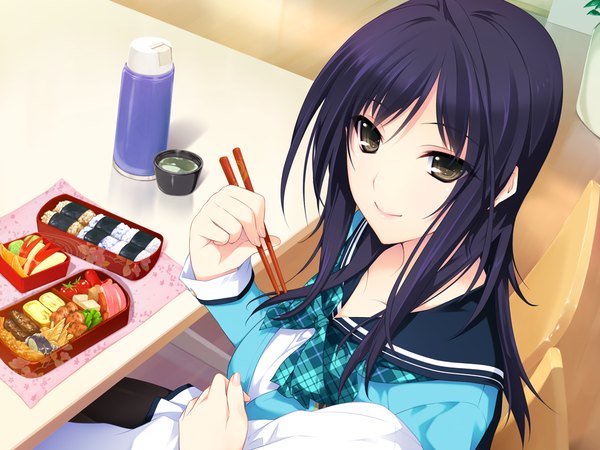 Anime picture 1024x768 with lovely x cation 2 hibiki works izumi wakoto iizuki tasuku long hair black hair brown eyes game cg girl uniform school uniform food obento