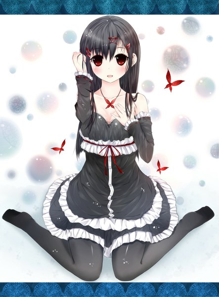 Anime picture 1500x2032 with original amatsuki hotaru single long hair tall image black hair red eyes girl dress insect butterfly