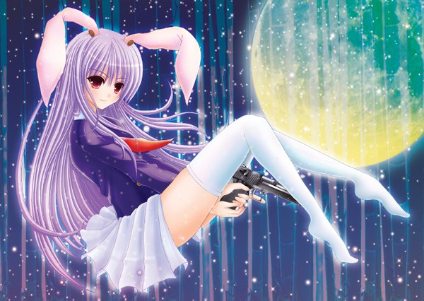 Anime picture 1280x909 with touhou reisen udongein inaba yuuka nonoko single long hair red eyes looking away purple hair full body pleated skirt bunny ears no shoes bunny girl girl thighhighs skirt weapon white thighhighs gun pistol