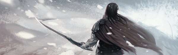Anime picture 3213x1000 with original k.n.f. single long hair highres black hair wide image wind from behind snowing winter snow boy weapon sword armor cloak bandage (bandages)