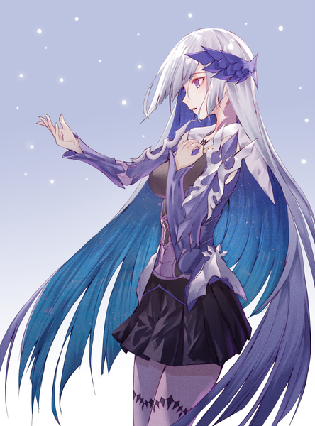 Anime picture 889x1200 with fate (series) fate/prototype brynhildr (fate) crying eye single long hair tall image breasts simple background standing purple eyes looking away silver hair parted lips profile multicolored hair tears gradient background hand on chest colored inner hair