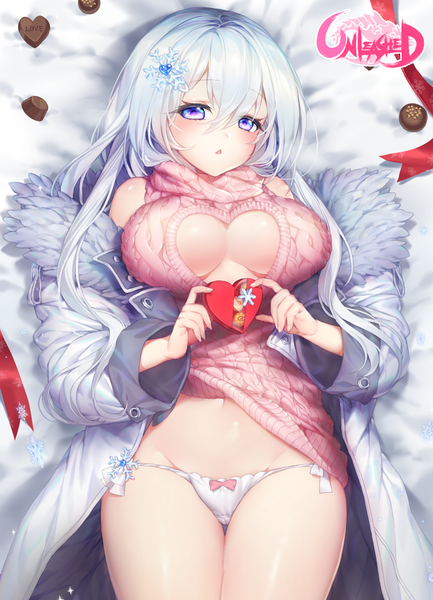 Anime picture 1536x2126 with unleashed ia (ias1010) single long hair tall image looking at viewer blush fringe breasts open mouth light erotic hair between eyes large breasts purple eyes bare shoulders holding cleavage silver hair lying long sleeves