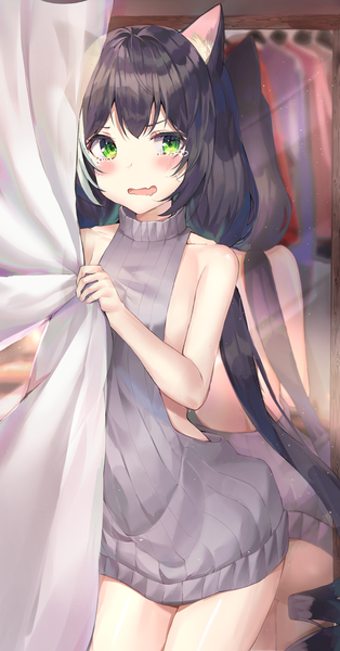 Anime picture 1655x3157 with princess connect! re:dive princess connect! karyl (princess connect!) refile single long hair tall image looking at viewer blush fringe open mouth light erotic black hair standing twintails bare shoulders green eyes animal ears multicolored hair cat ears