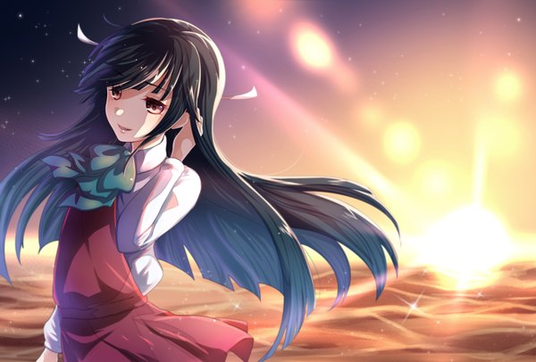 Anime picture 1500x1015 with kantai collection hayashimo destroyer karo karo single long hair black hair purple eyes looking away lens flare evening sunset girl dress