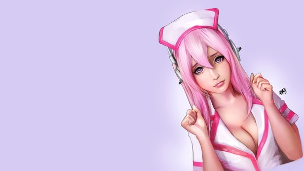 Anime picture 2560x1440 with nitroplus super sonico bang bez single long hair looking at viewer fringe highres breasts light erotic hair between eyes wide image signed pink hair cleavage upper body pink eyes realistic lipstick pink lipstick