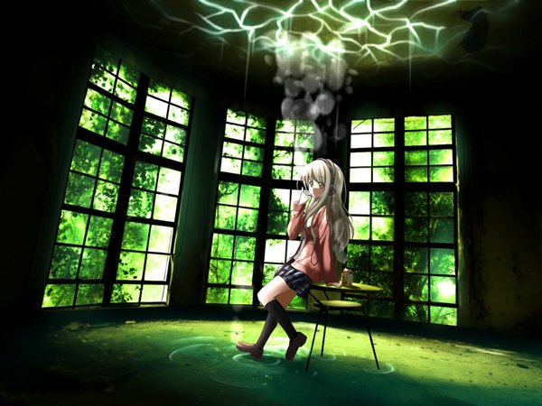 Anime picture 1024x768 with original suemizu yuzuki single long hair yellow eyes looking away white hair smoking girl skirt miniskirt socks window headphones black socks