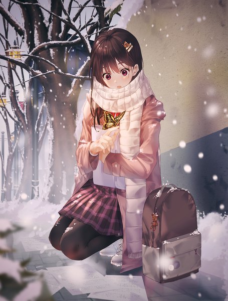 Anime picture 900x1185 with original kinty single long hair tall image blush fringe open mouth hair between eyes red eyes brown hair full body outdoors blurry looking down plaid skirt snowing winter snow squat