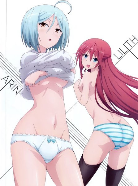 Anime picture 4150x5583 with trinity seven asami lilith kannazuki arin long hair tall image blush highres short hair breasts open mouth blue eyes light erotic multiple girls brown eyes blue hair absurdres ahoge red hair scan official art