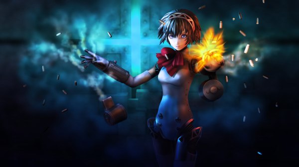 Anime picture 1800x1013 with persona 3 persona aegis black long tail highres blue eyes blonde hair wide image smoke steam casing ejection ribbon (ribbons) hairband android shell casing