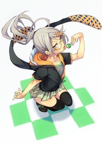 Anime picture 827x1169 with original usami taiga fu-ta single long hair tall image looking at viewer open mouth simple background white background sitting animal ears yellow eyes bent knee (knees) ponytail pleated skirt grey hair bunny ears plaid skirt squat