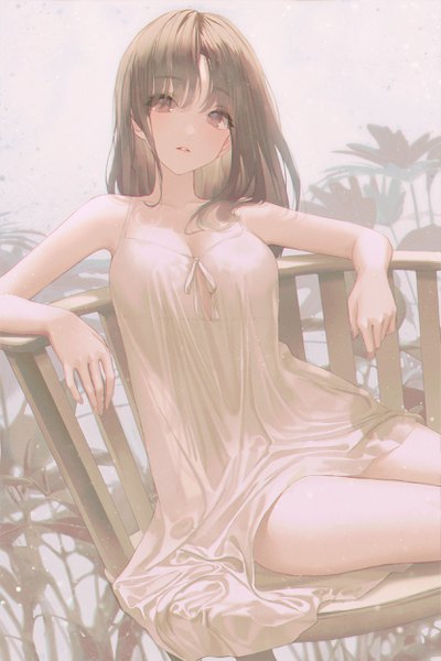 Anime picture 1667x2500 with original seol single long hair tall image looking at viewer blush fringe breasts brown hair sitting bare shoulders brown eyes outdoors parted lips head tilt sunlight hair over one eye sleeveless girl