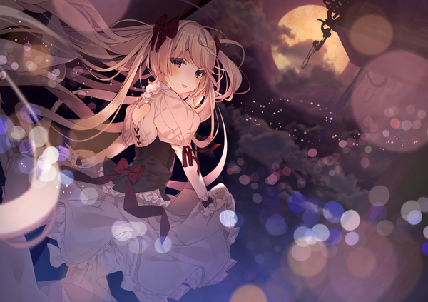 Anime picture 1684x1190 with original kabako (lilypicture410v) single looking at viewer blush fringe open mouth blonde hair hair between eyes purple eyes cloud (clouds) very long hair looking back night sparkle depth of field puffy sleeves night sky floating hair :p