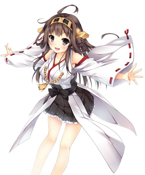 Anime picture 829x1000 with kantai collection kongou battleship nironiro single long hair tall image looking at viewer blush open mouth blue eyes black hair simple background white background ahoge traditional clothes nontraditional miko girl hair ornament detached sleeves