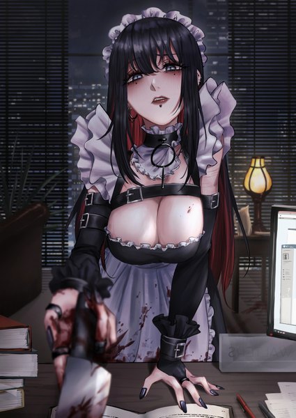 Anime picture 1000x1413 with original zenith (expulse) expulse single long hair tall image blush fringe breasts open mouth light erotic black hair hair between eyes large breasts standing holding red hair indoors nail polish multicolored hair